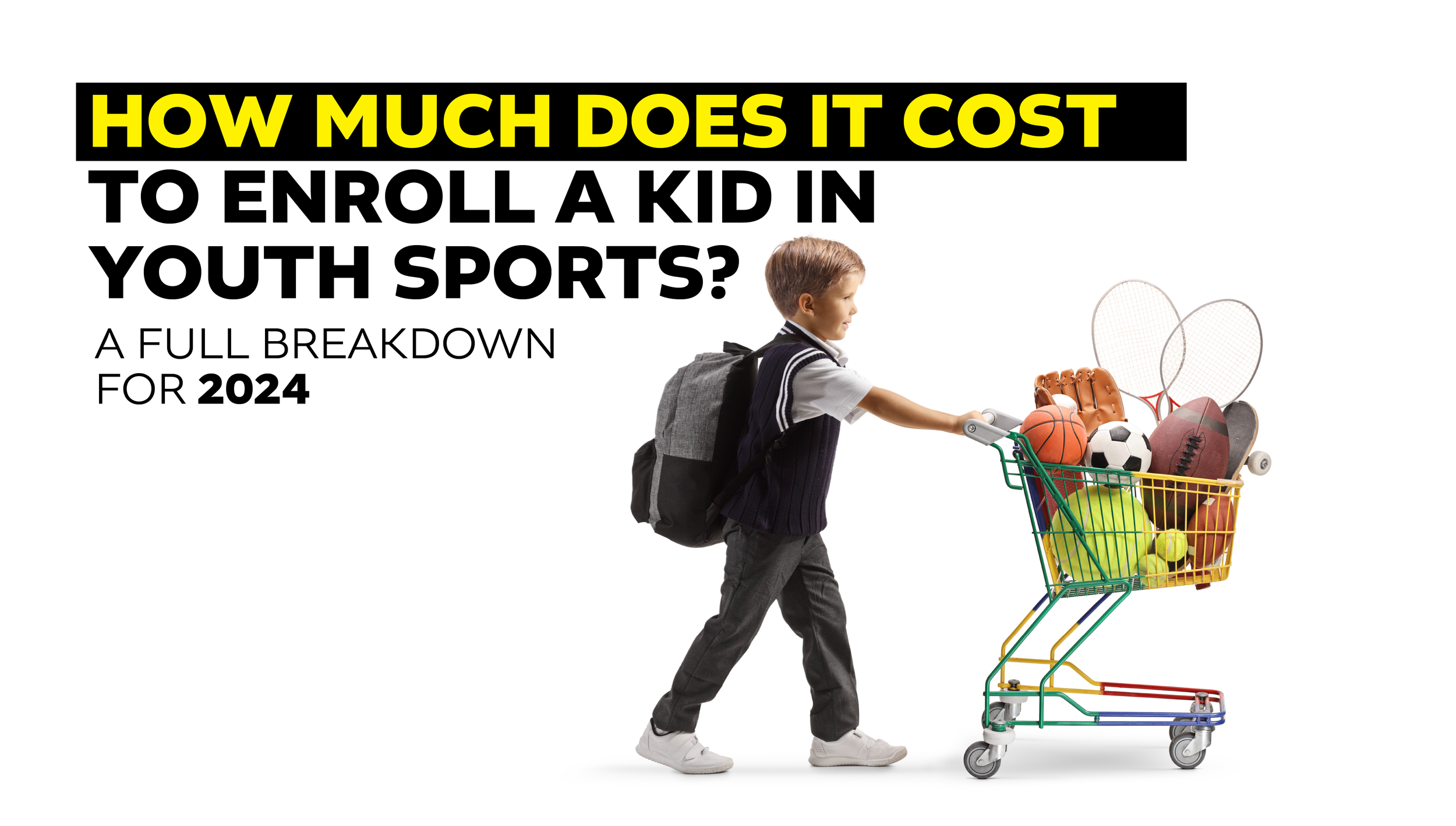 boy pushing shopping cart with different sports gear